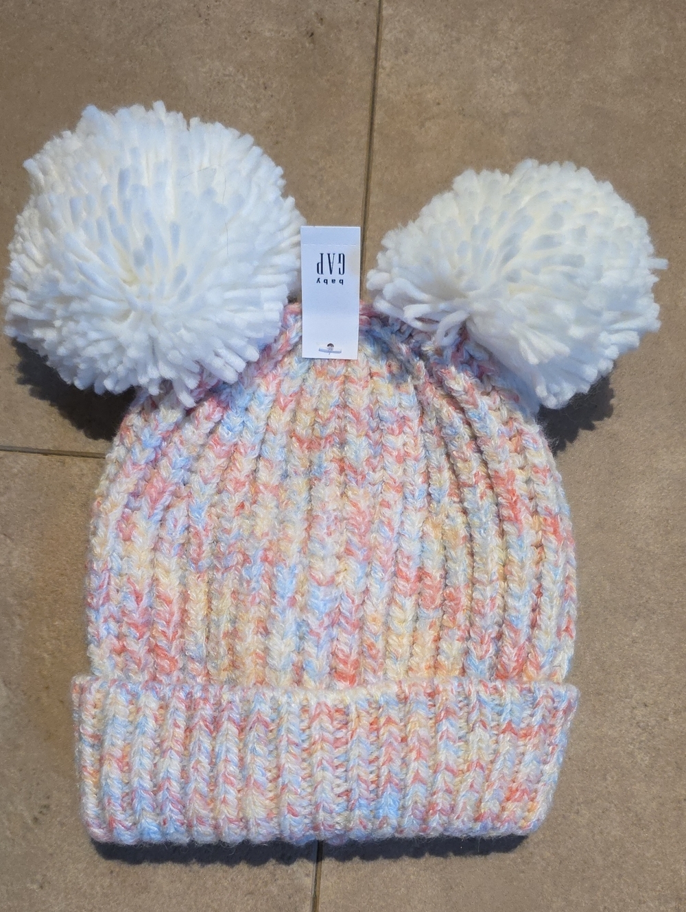 GAP Kids Pastel Double Pom Beanie - White Poms, Multicolor Knit. Size M/L
